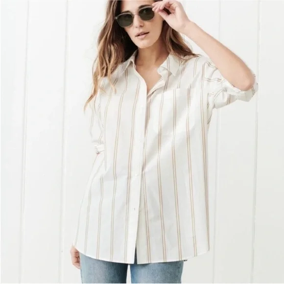 Jenni Kayne Boyfriend Khaki and White Double Striped Button Up Shirt - XL